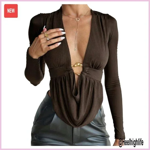 Plus Size Ruched Cowl Neck Long Sleeve Asymmetrical Party Top