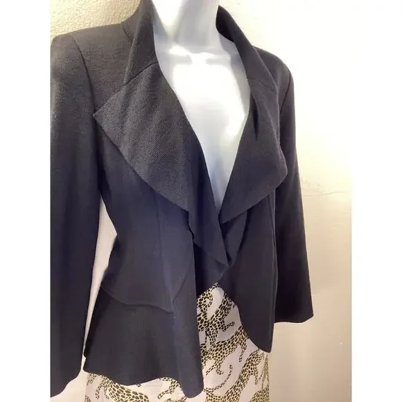 ST. JOHN CAVIAR Black Open Cardigan Ruffle Edge Wool Jacket Evening Blazer 2
