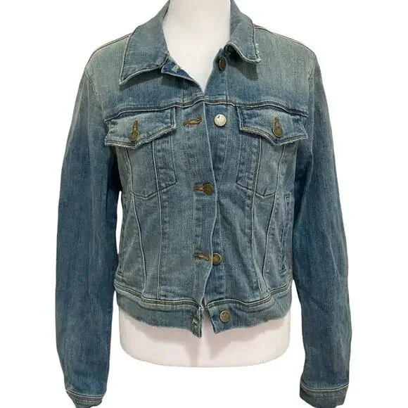 rare J Brand Harlow Cropped Denim Trucker Jacket size M Surface Blue Whiskered