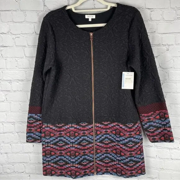 WESTON long black cardigan jacket with zipper and embroidered trim NWT, size M