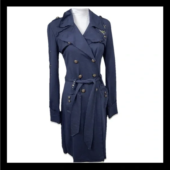 Military Style Chic Navy Trench Coat with Gold Buttons Medium
