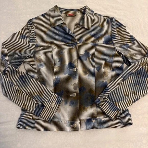 Olsen Europe Womens Blue White Pinstripe Floral Button Front Jacket US 8