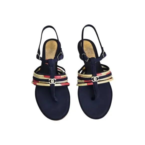 Chanel CC Pearl Logo Quiet Luxury Minimalist Navy Blue Gladiator Sandals 37.5