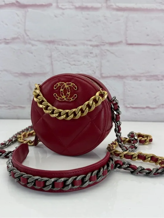 CHANEL 19 Red Quilted Round Mini Crossbody Mixed Metal Chain