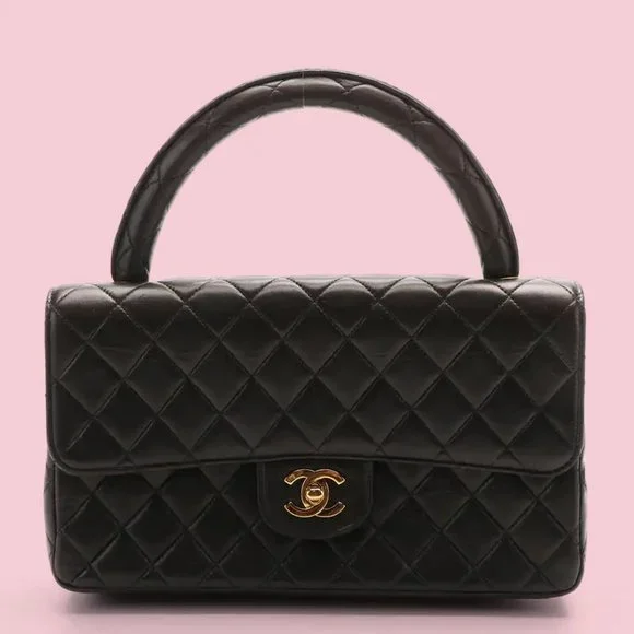 Chanel Vintage Brown Quilted Lambskin Top Handle Medium Flap Bag