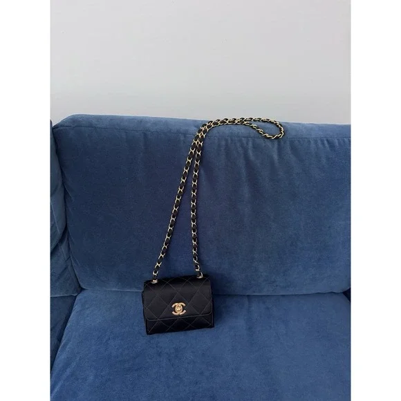 Vintage Chanel Black Satin Mini Square‎ flap Crossbody Bag
