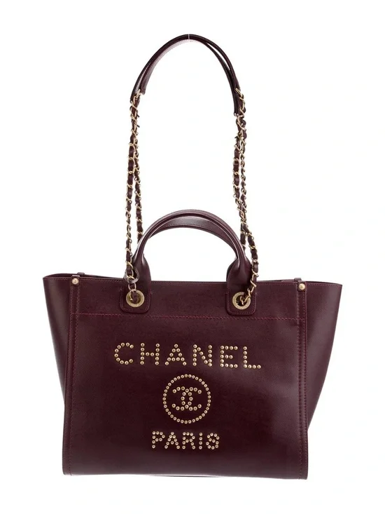 Authentic CHANEL deauville studded caviar leather burgundy tote