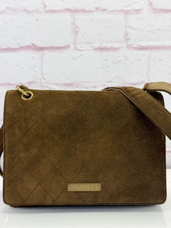 CHANEL Vintage Brown Suede Quilted Shoulder Bag
