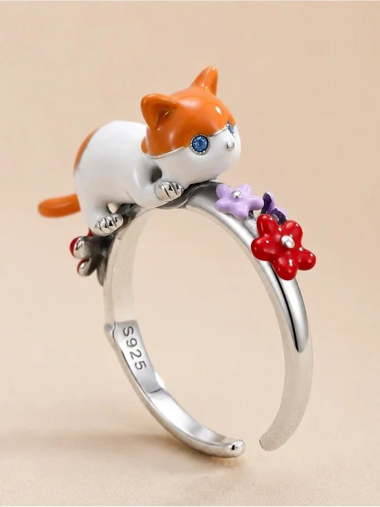 Sterling Silver Orange & White Cat Ring with Red and Purple Flowers