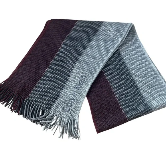Calvin Klein Mens Knit Gray Burgundy Tonal Ombre Striped Winter Fall Scarf 60”