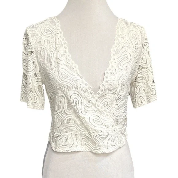 Zara Swirl Lace Faux Wrap Cropped Top Off White Size Small