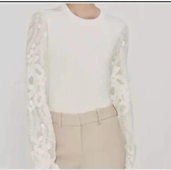 Elie Tahari Hamani knit lace sleeve ruffle wrist embroidered floral sleeve top M