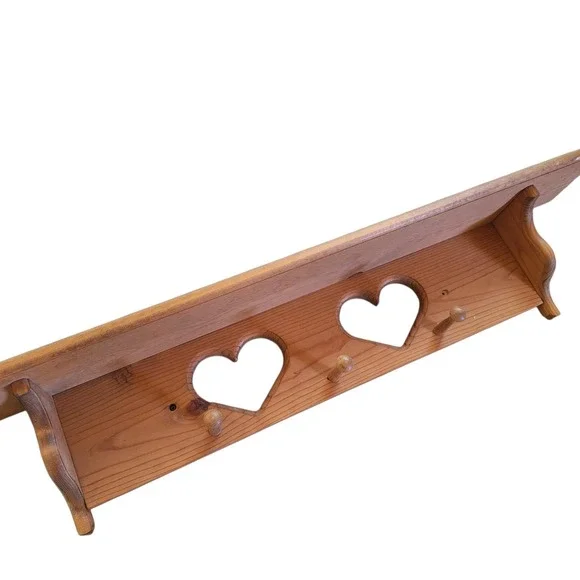 Vintage Heart Shelf Solid Wood Large Mantle 3 Peg Grannycore Cottage Farmhouse