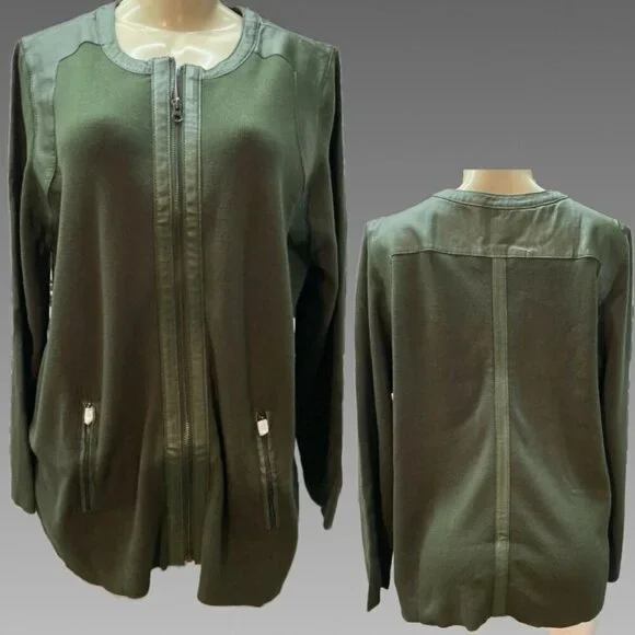 Jessica London 2X Green Zip Leather Detail Pockets Long Sleeve Sweater Shacket