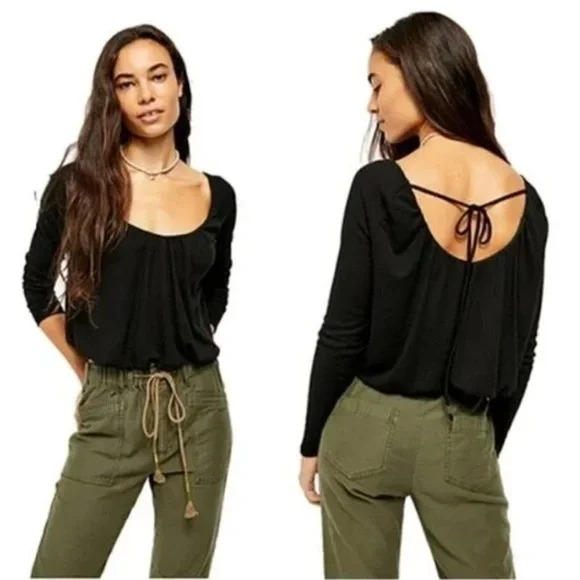 Free People Bondi Termal Long Sleeve Back Tie Top in‎ Black Size XSmall