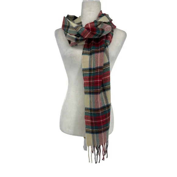 D&Y Softer Than‎ Cashmere Plaid Scarf Mens Red Cream Tartan Fringe Wrap 66x12