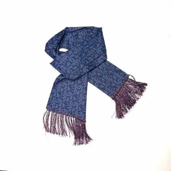 Men's Classic Doubled Dress Scarf Blue Paisley Print with Fringes