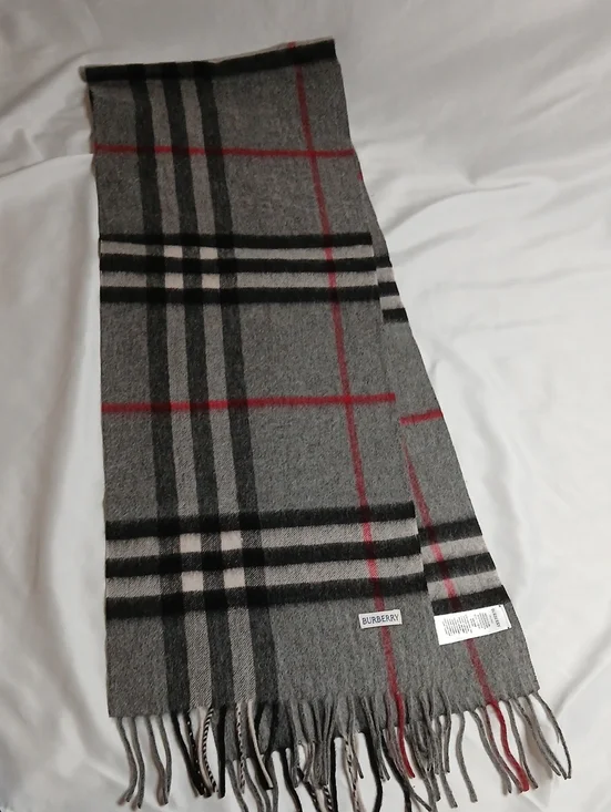 Burberry Gray Plaid Scarf with Black and Red Stripes