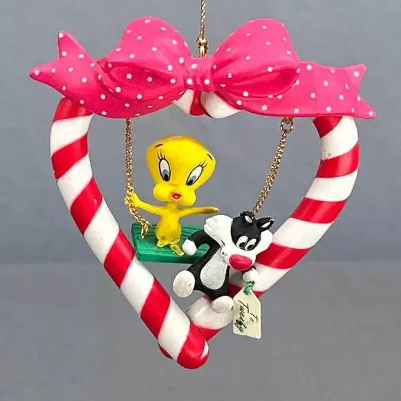 VTG Warner Bros Tweety Sylvester Heart Candy Cane Ornament Looney Tune Christmas