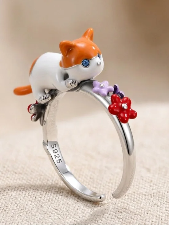 Sterling Silver Cat Ring with Orange and White Enamel