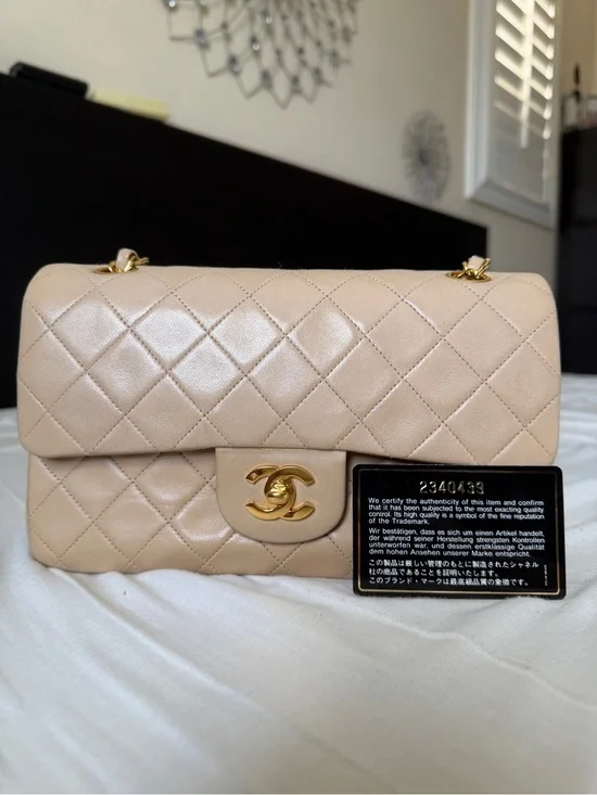 VIntage CHANEL Quilted Double Flap Shoulder Bag in Beige with Gold Hardware