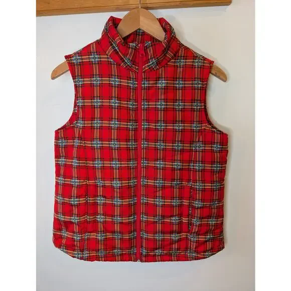 Vintage Laura Scott Petite Red Tartan Plaid Puffer Vest Full Zip 80s 90s MP