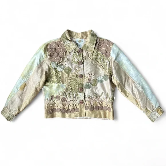 SANDY STARKMAN Silk Patchwork 3D Applique Jacket Art Wear Lagenlook Funky Size M