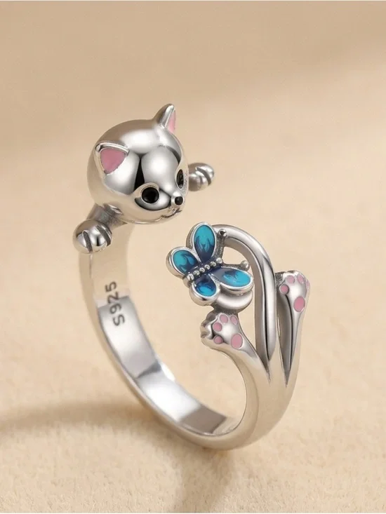 Sterling Silver Cat & Blue Butterfly Adjustable Ring - Pink Accents