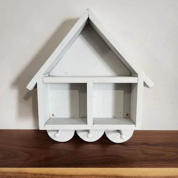 Vintage Wood House Shaped Wall Shelf Trinket Curio Cottagecore Decorative Hooks