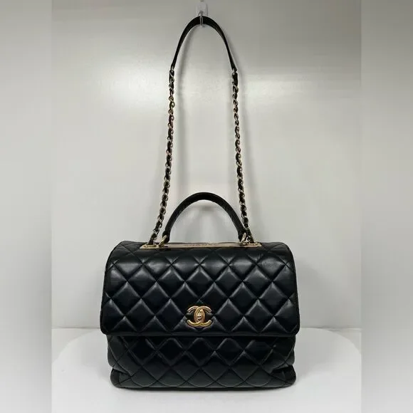 Chanel Large Trendy Top Handle Black Quilted Shoulder Hand Bag Gold Hardware