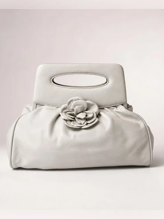 CHANEL lambskin top handle clutch, ivory-grey, leather Camelia accent,11x12, EUC