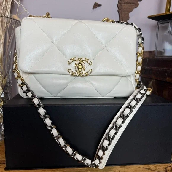 Chanel 19 Ivory Lambskin Mixed Metal Medium Bag Microchipped Authentic CoA