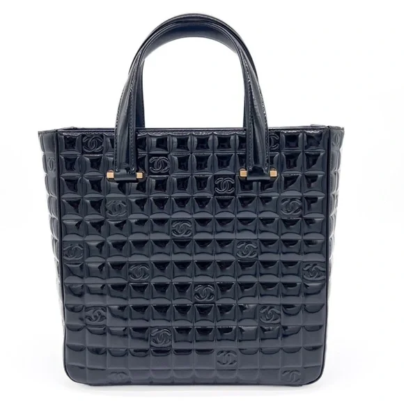 CHANEL Chocolate Bar Black Patent Leather Tote Bag authentic