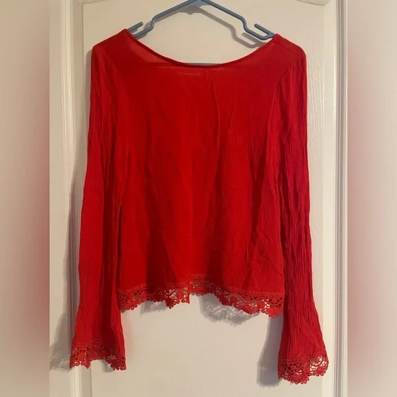 H&M Coachella Red‎ Crocheted Bell Sleeve Top 4 Festival Boho Party Coquette