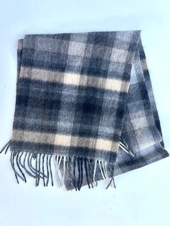 100% Cashmere Cozy Plaid Fringe Scarf in Gray, Black, and Cream