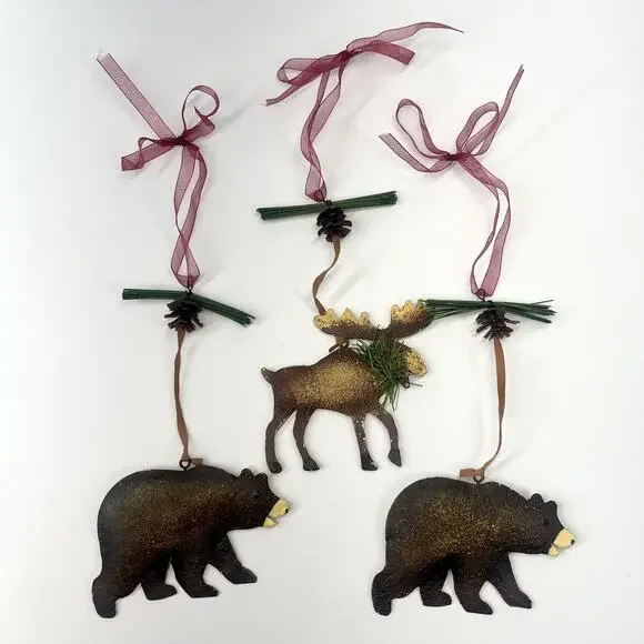 Woodland Black Metal Moose Bear Animal Rustic Christmas Ornaments Lot Of 3