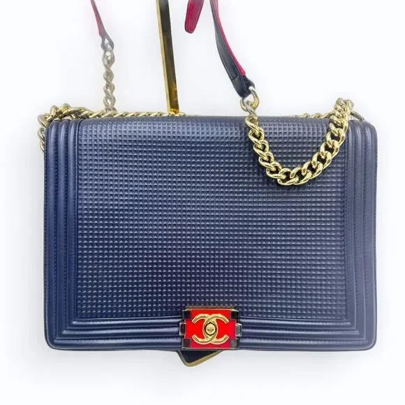 Auth Chanel Navy Blue Limited Edition Boy Flap Large New Cube Shoulder Bag