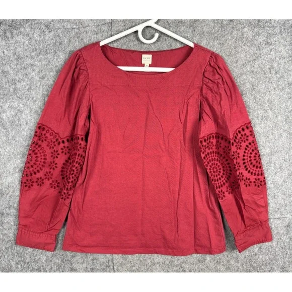 REBECCA TAYLOR LA VIE Top Women's Medium Red Long Sleeve Lace Peasant Cotton *