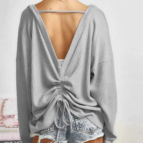 B031 Gray V Cut Drawstring Back Waffle Knit Long Sleeve Top