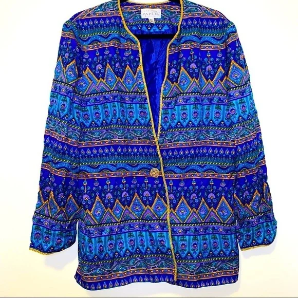 Vintage Adrianna Papell 100% Silk Floral Blue Geometric Jacket Blazer Size 14