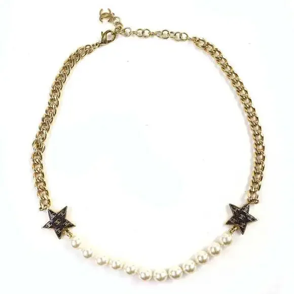 CHANEL Authentic White Pearl Logo Necklace