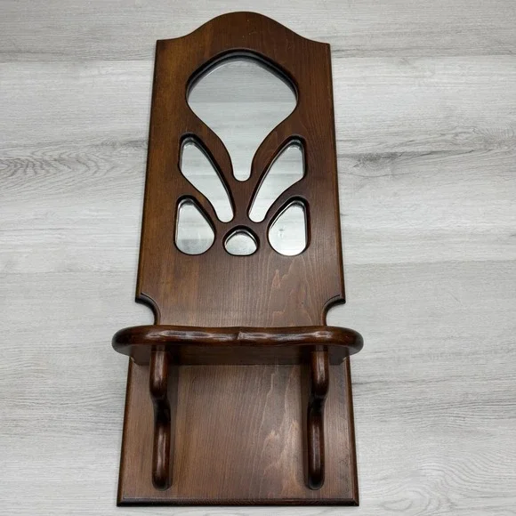 Vintage Wood Wall Shelf Mirror Inlay Display Shelf Pegs Handmade 1983 Folk Art