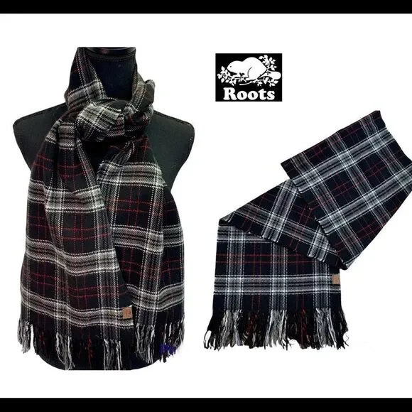 ROOTS Black red gray white striped plaid check unisex fall winter warm scarf 💥