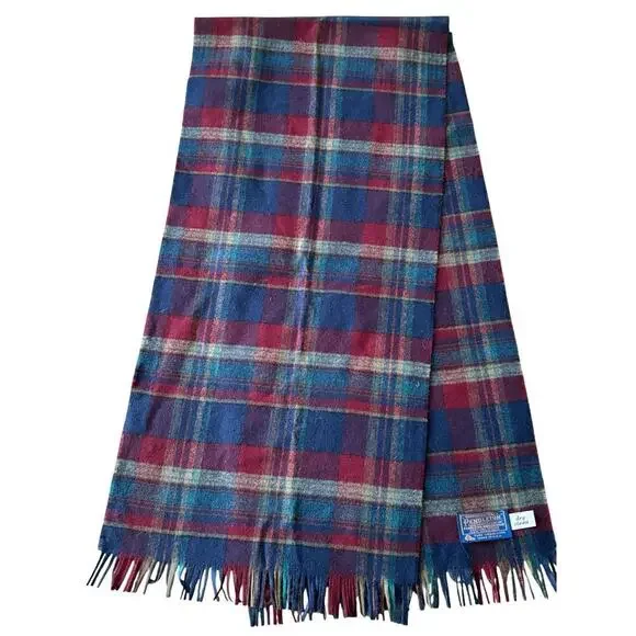 Pendleton 100% Virgin Wool Scarf Blue Plaid Fringed Made In USA 58” X 12”