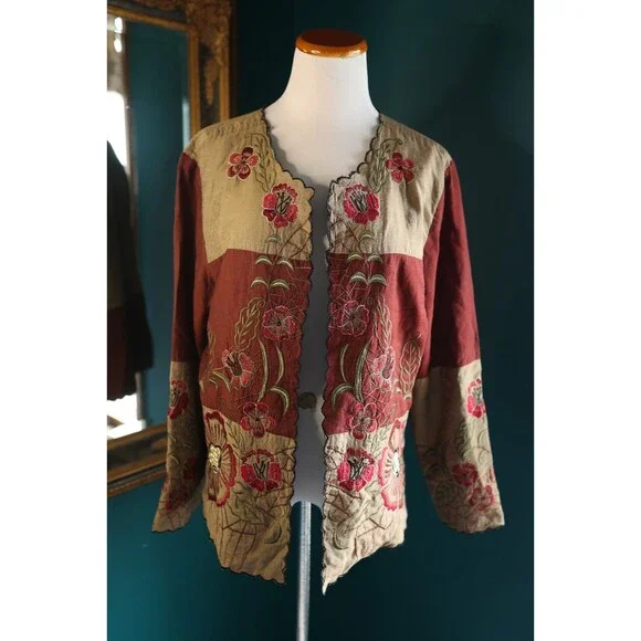 Vintage Liz Baker Metallic Floral Embroidered Lightweight Open Blazer Artsy L