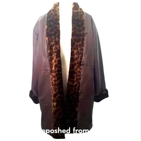 Leopard Trim Vegan Leather Quilted Lining Brown Animal Print Car Coat Sz…