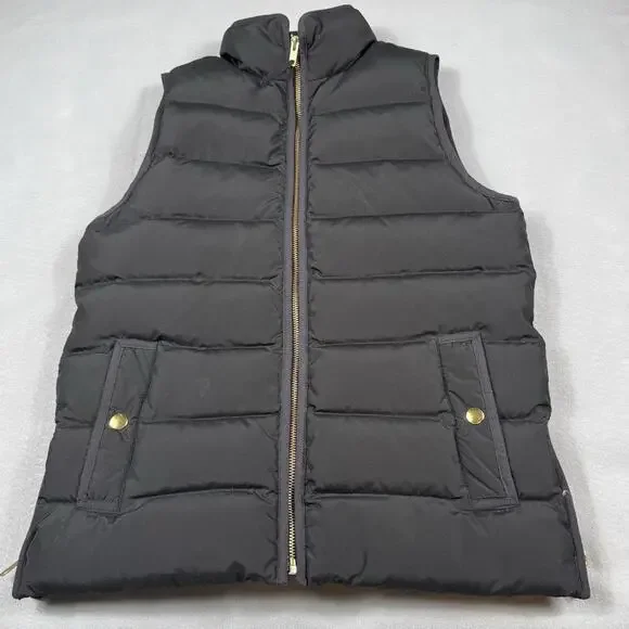 J Crew Women’s XS Black 60% Down Insulated Puffer Vest Quilted Gold Zip Layering