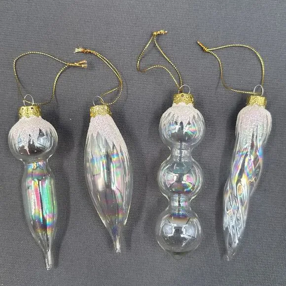 VTG Blown Glass Icicle Christmas Ornaments Clear Iridescent Glitter 4 pc Glam