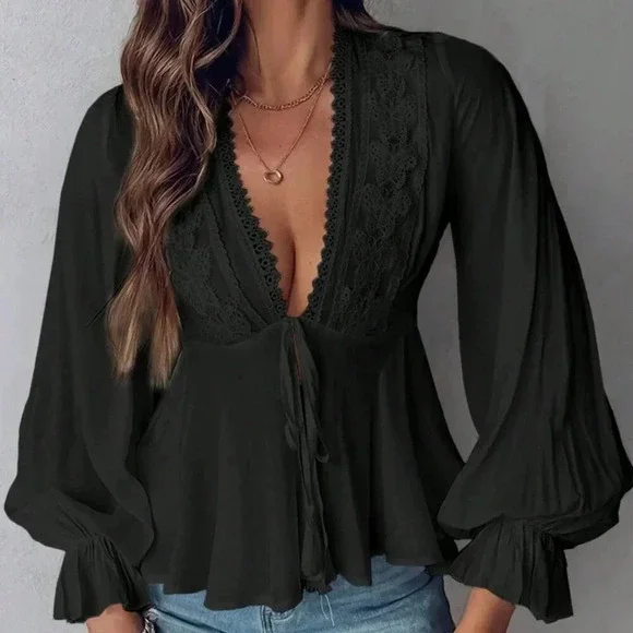 Black Boho Women's Casual Lace Patchwork Ruffle Sleeve Blouse