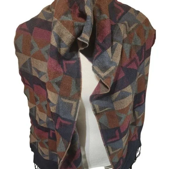 Harry Rosen Geometric Mosaic Scarf Burgundy Navy Tan‎ Wool Blend Fringe Trim